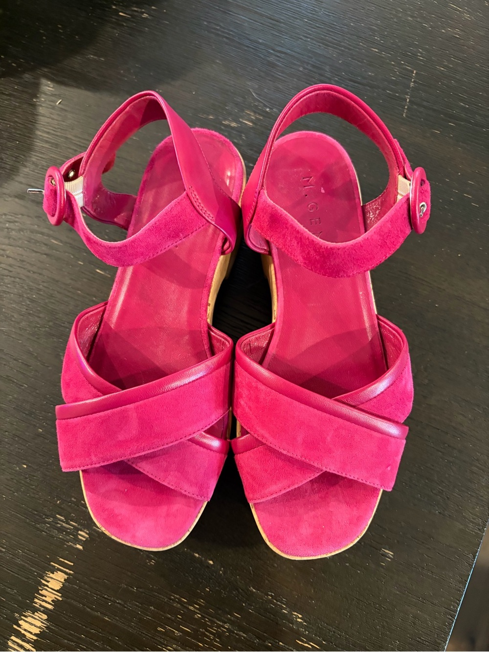 M.Gemi Hot Pink Suede Cork Platform Wedge Sandals 37 Made in Italy
